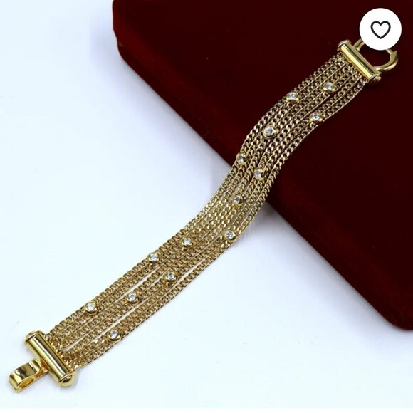 1990s NOLAN MILLER Bracelet Gold Tone 6 Strand,14 Bezel Set Rhinestones, Vintage - Picture 1 of 16